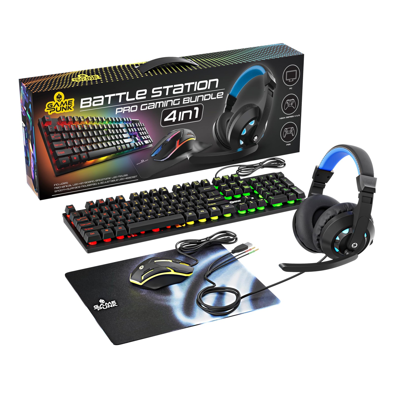 4-Piece Wired Gaming Bundle, RGB Keyboard Mouse, Mousepad, Rainbow LED