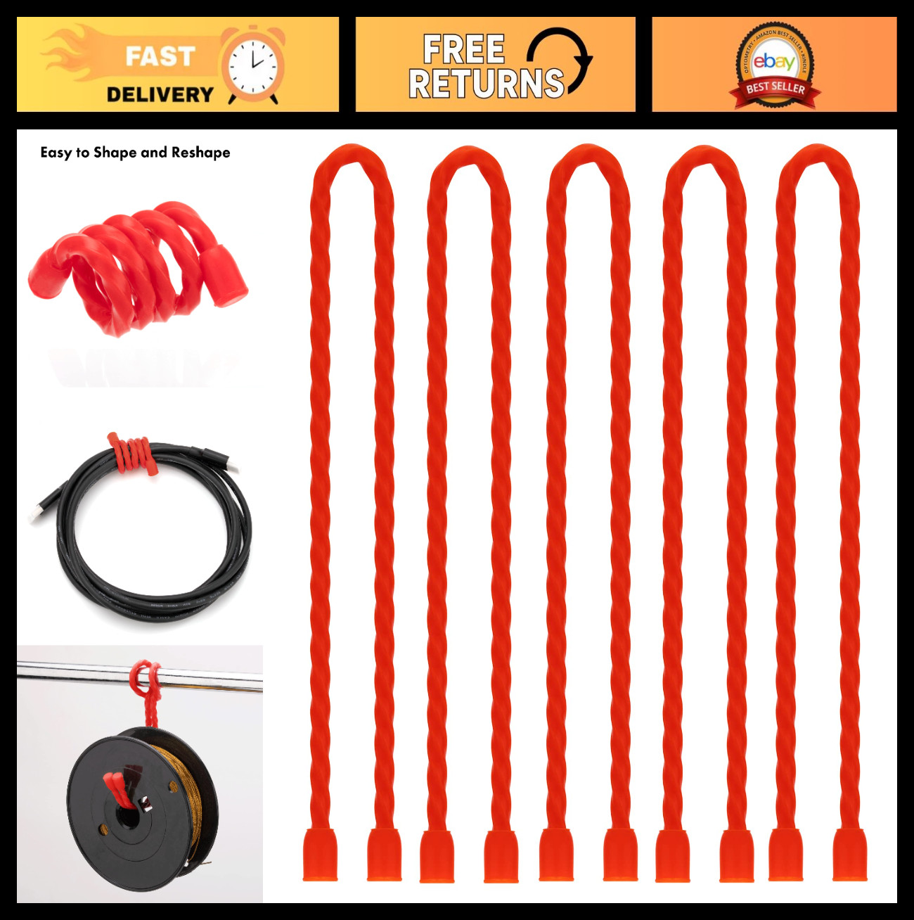 5 PCS 24" Silicone Cable Ties, Reusable Steel-Core Twist Ties for Bundling, Red