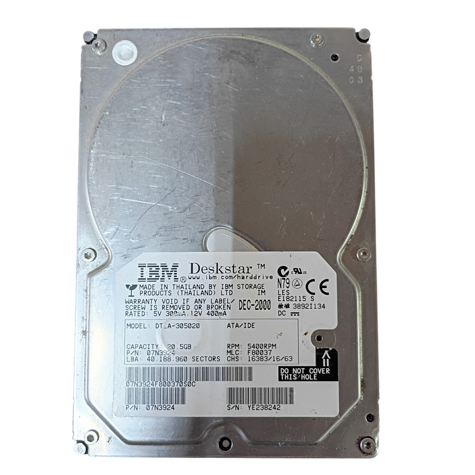 IBM Deskstar Vintage HDD DT-A-305020 ATA/IDE 20.5GB 5400RPM Hard Drive