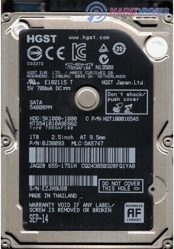 Genuine/Apple HGST H2T10001654S Hard Drive 0J38093 1TB HDD 2.5" 5K1000-1000