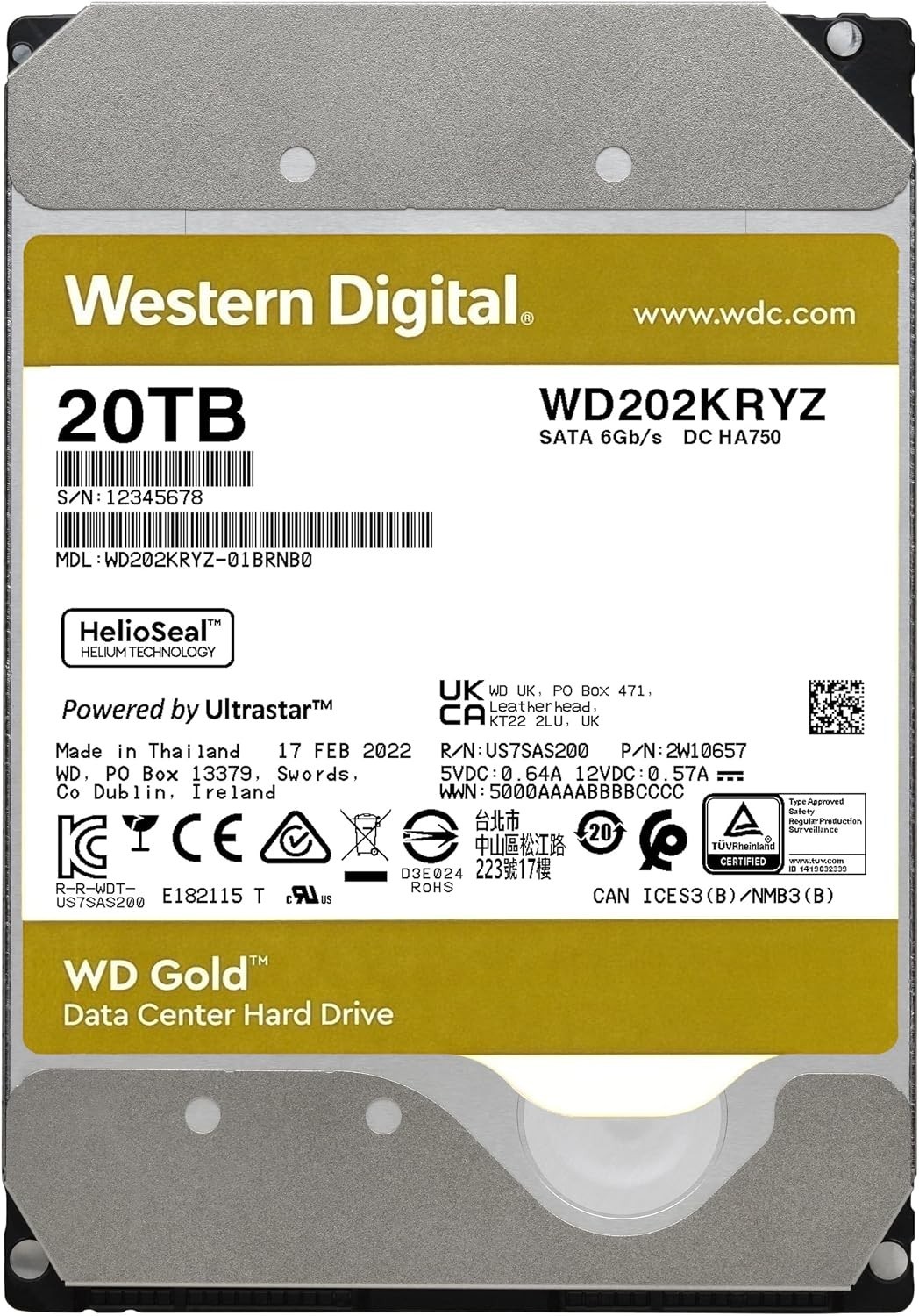 WD Gold 20TB WD202KRYZ - SATA 6G/s, 7200rpm, 512MB cache (New, sealed)