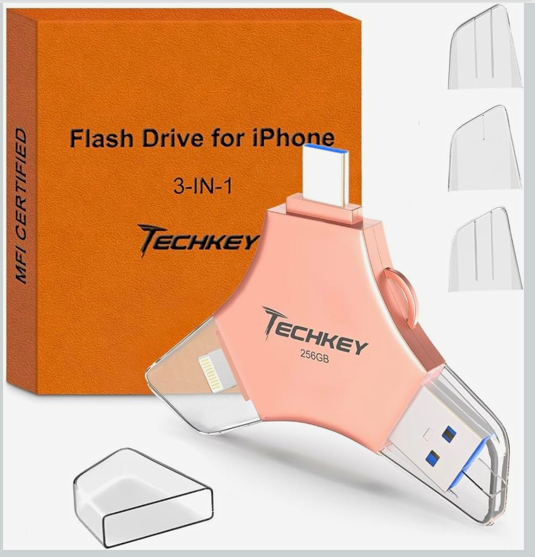 TECHKEY 256GB iPhone 3-in-1 Flash Drive USB 3.0 Lightning/USB-C Pink