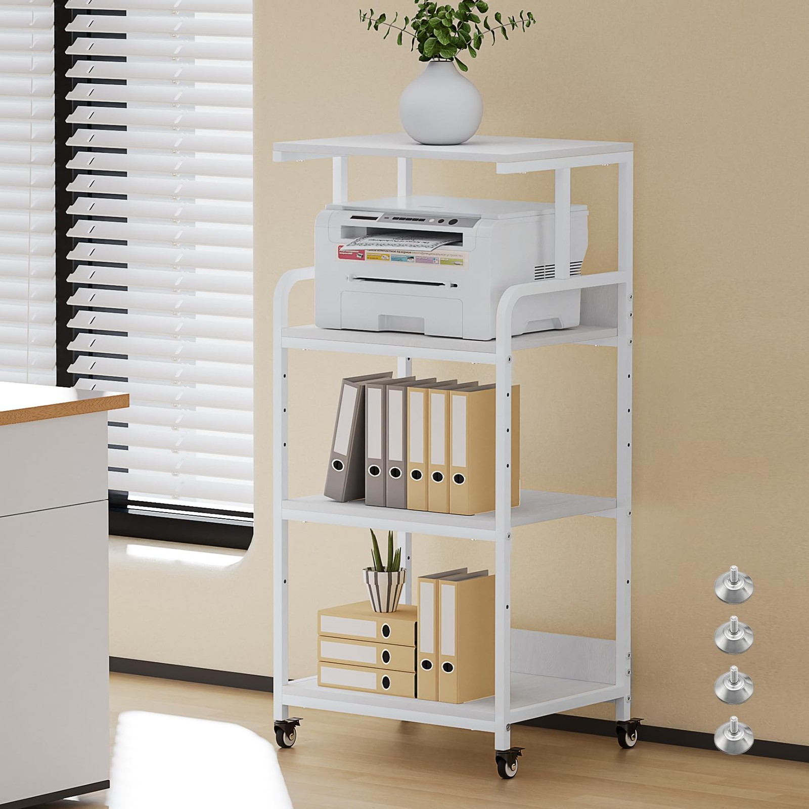 4-Tier White Printer Stand with Wheels, Extra Large Tall Printer Table with S...
