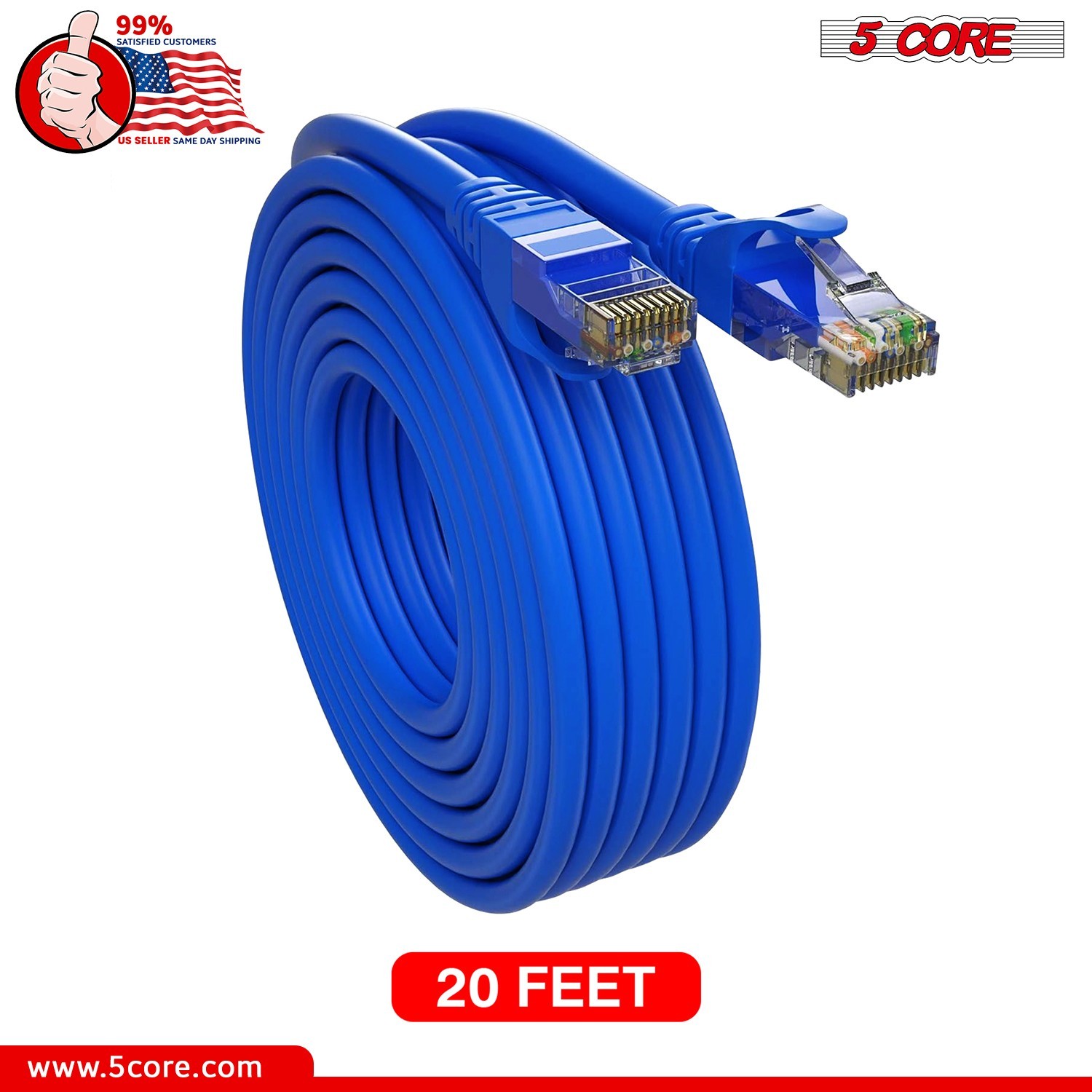 5Core CAT 6 20ft Ethernet Cable Lan Network CAT6 Internet Modem RJ45 Patch Cord