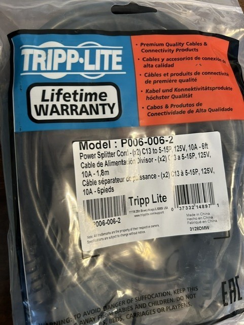 Tripp Lite Y Splitter 6 ft. Power Cord P006-006-2 *New* - Sealed Package
