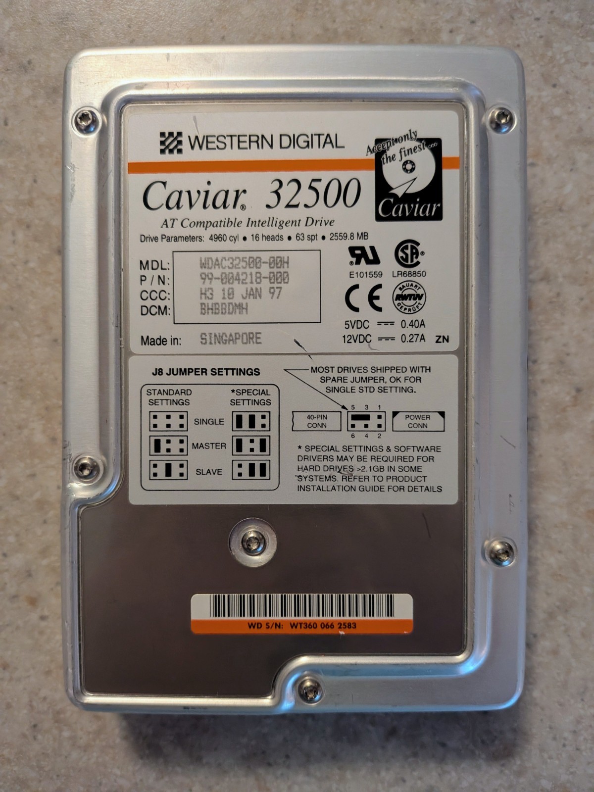 Vintage Western Digital IDE Hard Drive WDAC32500-00H 2.5GB HDD Tested WORKS
