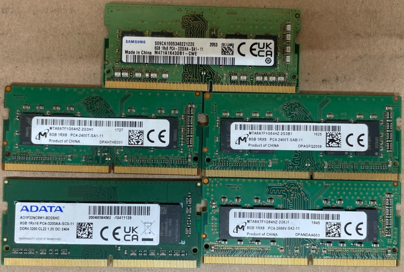 LOT OF 5 Mixed brand and speeds, 8GB RAM SODIMM Laptop Memory RAM | TESTED