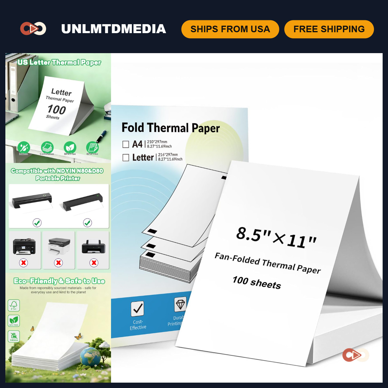 100 Sheets Thermal Printer Paper 8.5x11 Inch US Letter Size - High Quality, Dura