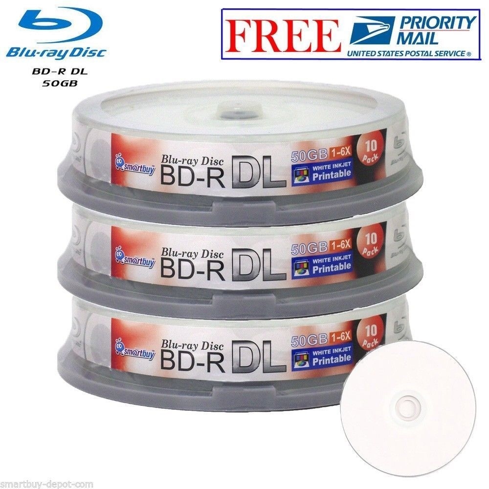 30 Pack SmartBuy Blu-ray BD-R DL Dual Layer 6X 50GB Inkjet Printable Record Disc