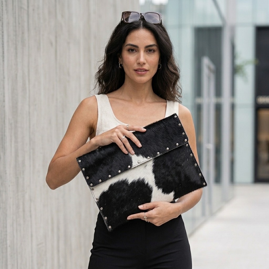 Real Cowhide Leather Laptop Sleeve - Studded Hair on Hide Computer Case, 
