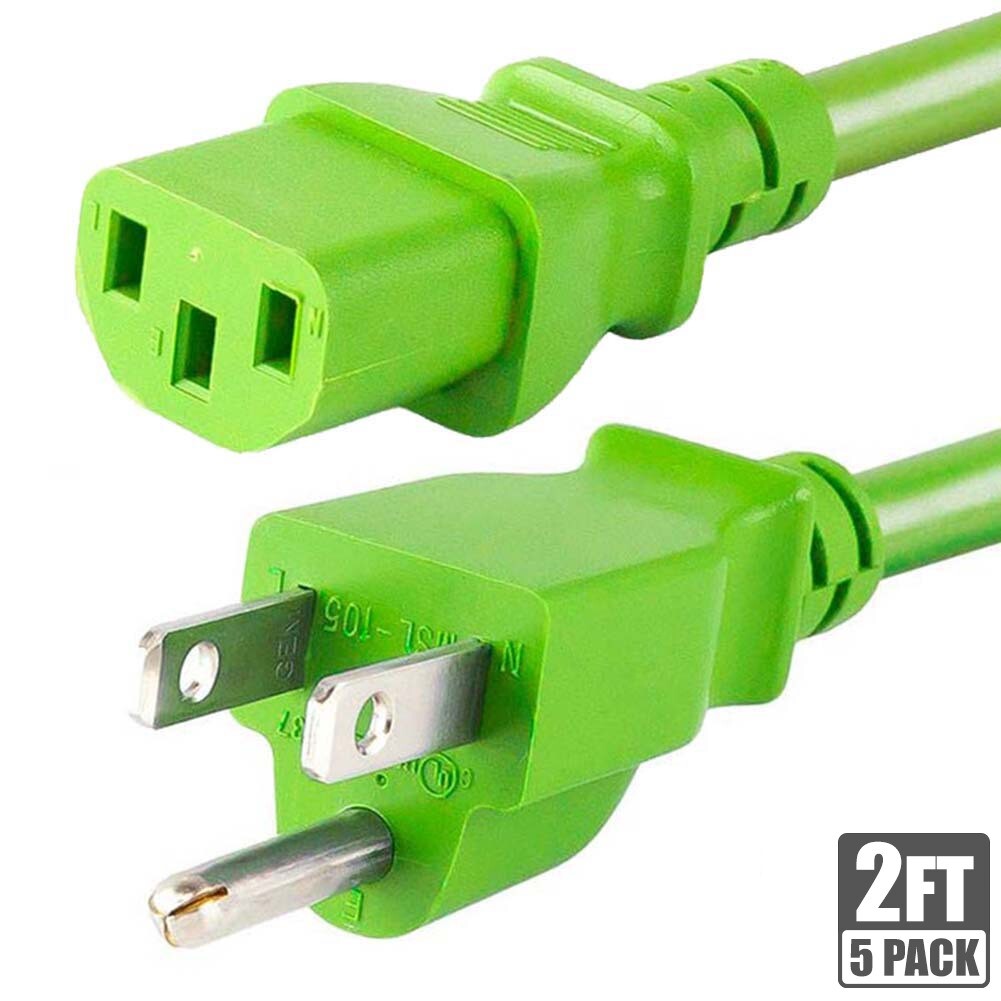5x 2FT 18AWG Power Cord Cable NEMA 5-15P Male to IEC 60320 C13 Female 10A Green