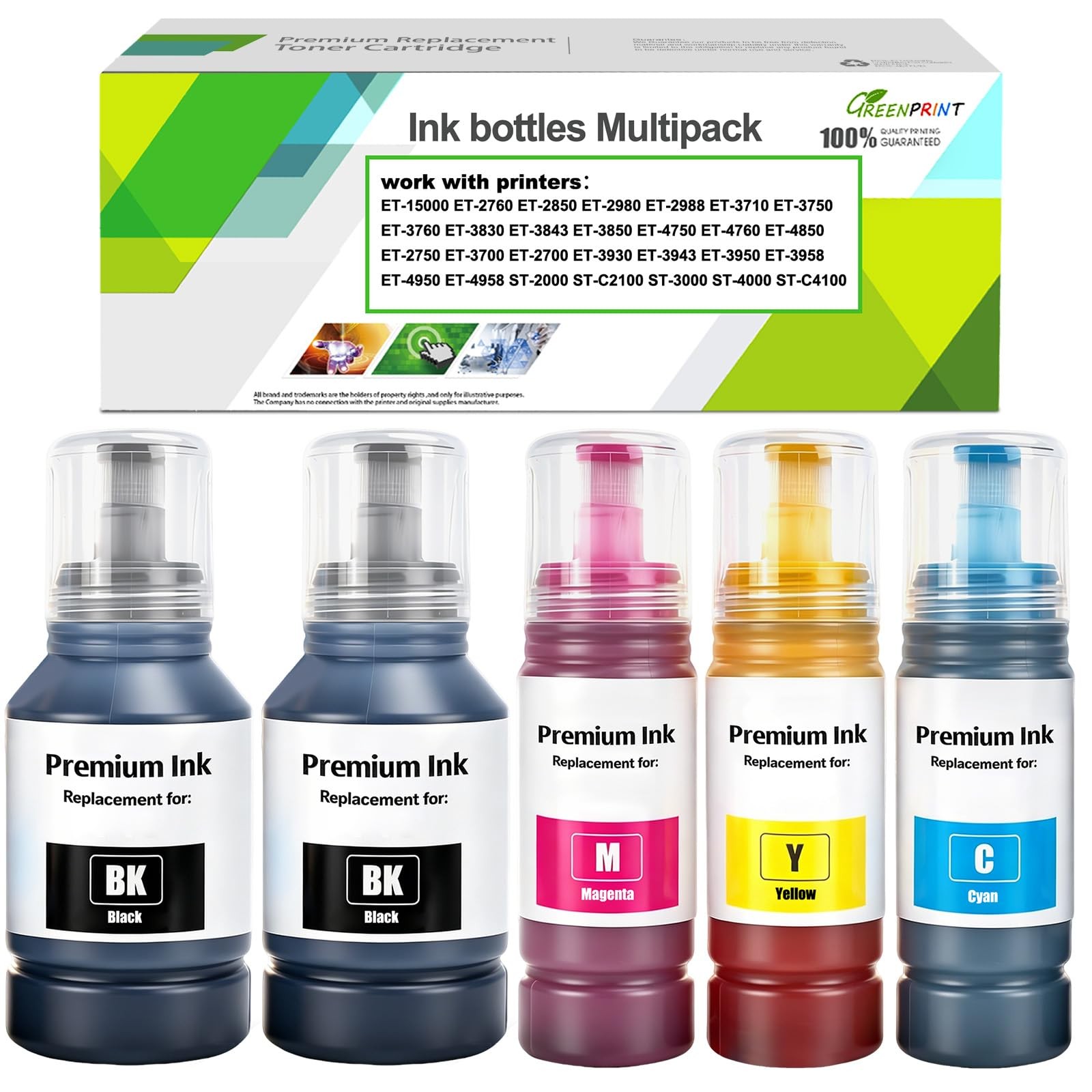 GREENPRINT Ink Refill Bottles for ET-2980 ET-2850 ET-3760 ET-3850 (2BK CMY)