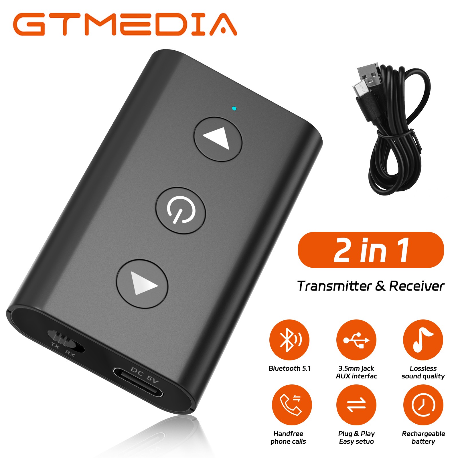 GTMEDIA A2 Mini 2-in-1 Bluetooth 5.1 Transmitter Receiver Wireless Audio Adapter