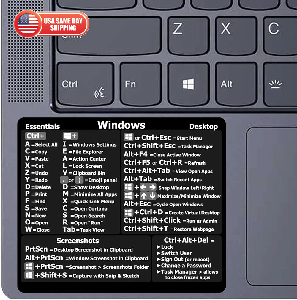Windows PC Laptop Desktop Reference Guide Keyboard Vinyl Shortcut Sticker Decal