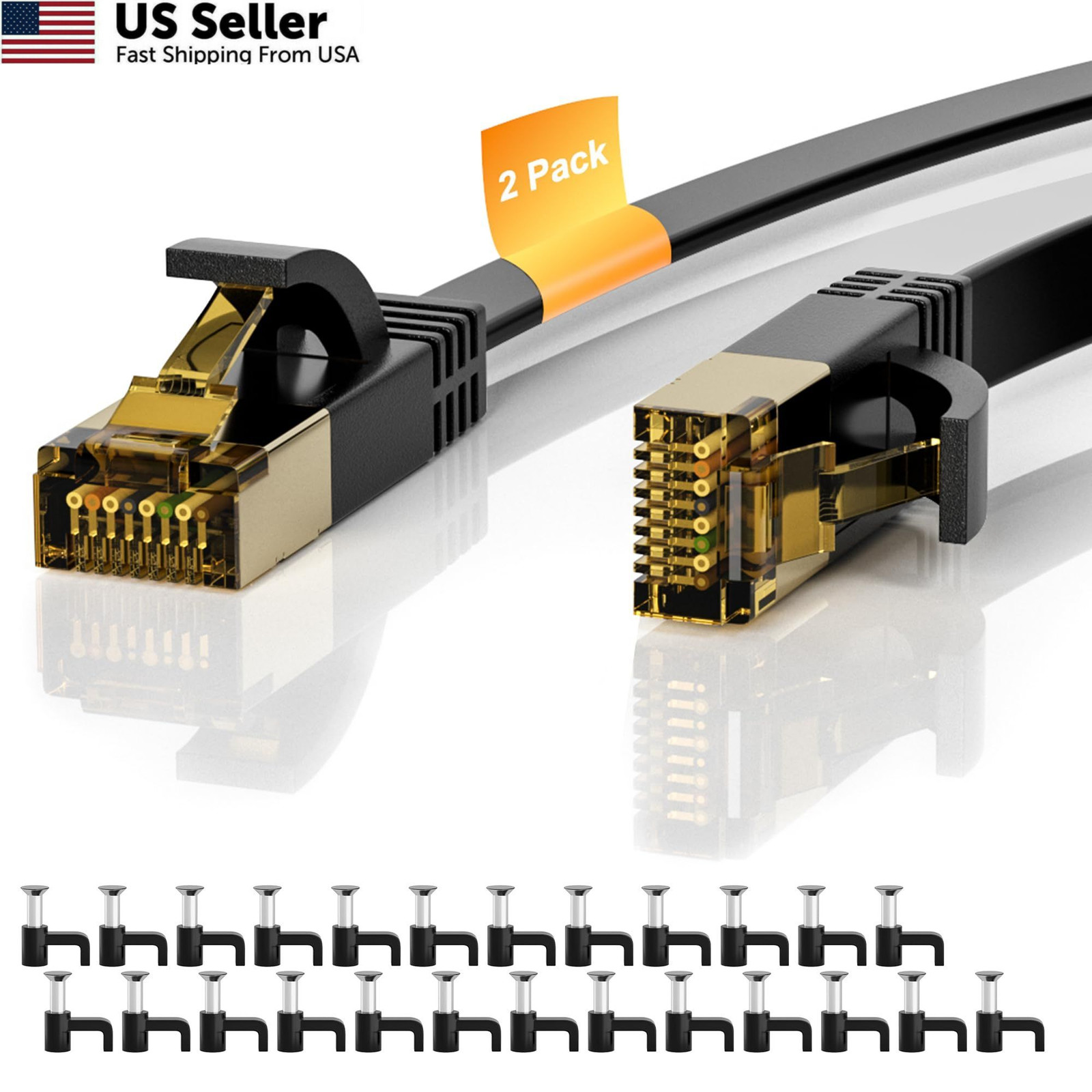 Cat 7 Ethernet Cable 2-Pack 4 FT, Cat7 Flat High Speed 10Gbps 4FT+4FT, Black