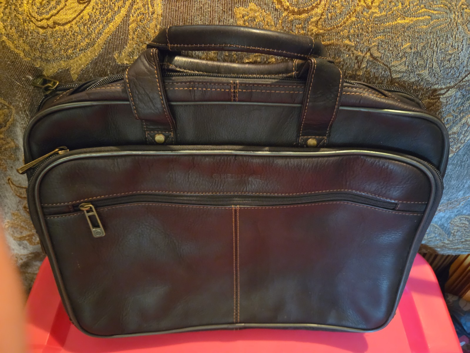 HERITAGE Genuine Leather BRIEFCASE LAPTOP BAG Dark Brown Double Zip Work