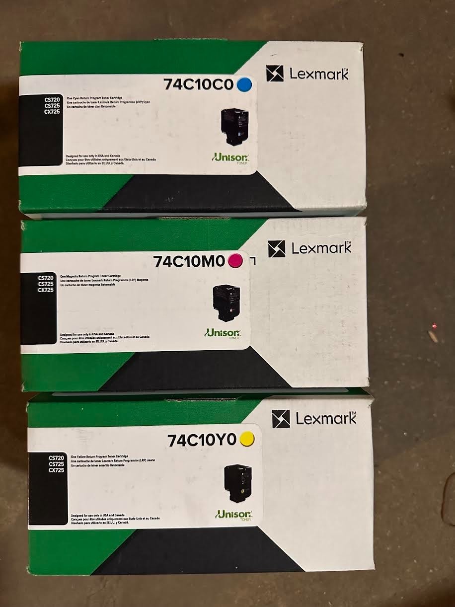 New  3 X Genuine Lexmark CS720 CS725 CX725 Color Toner 74C0C0 74C10M0 74C10Y0