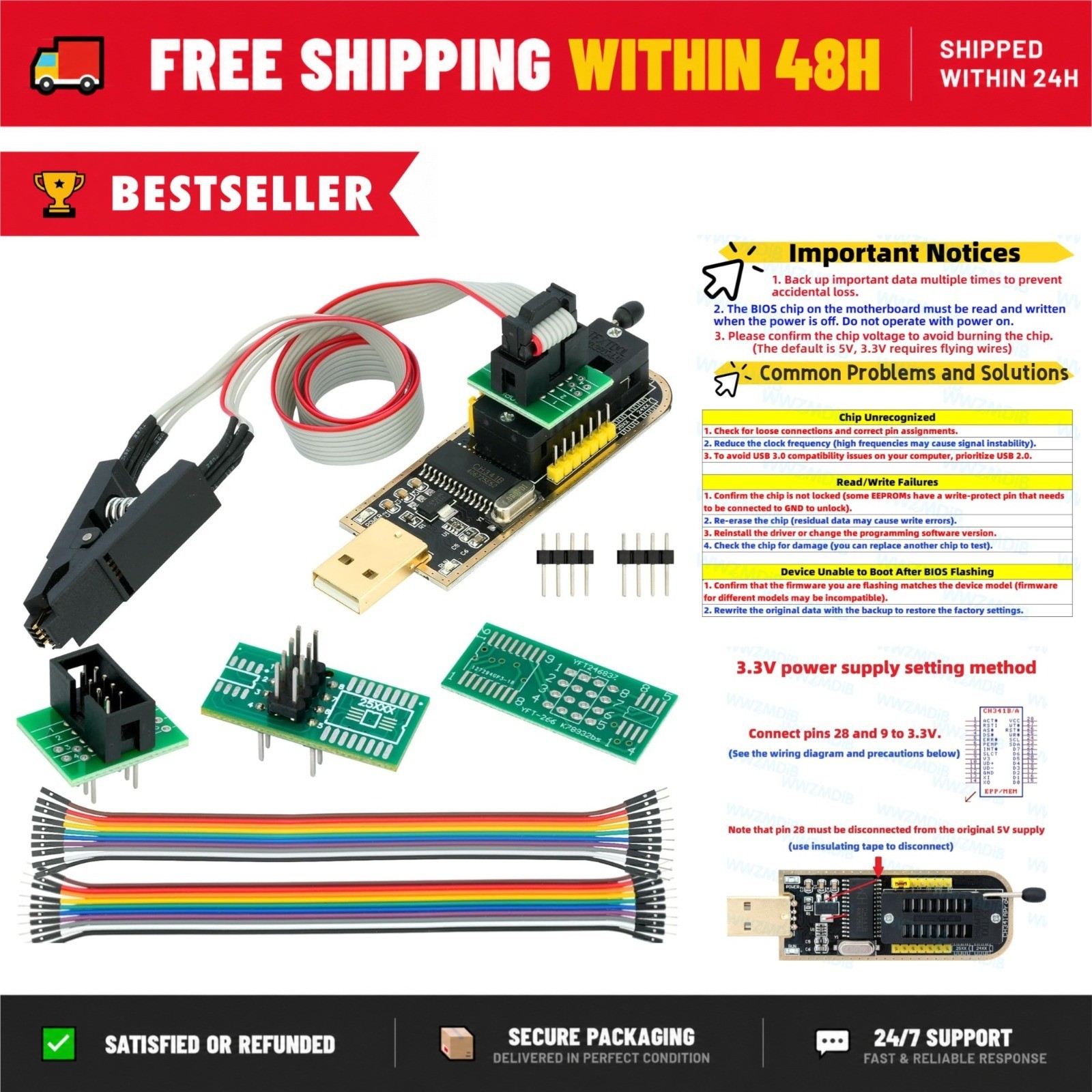 CH341A USB EEPROM BIOS Programmer SOIC8 Clip SOP8 SOP16 Adapter