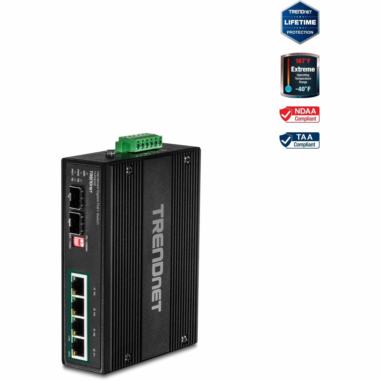 TRENDnet 6-Port Industrial Gigabit PoE+ DIN-Rail Switch 12 - 56 V (ti-pg62b)