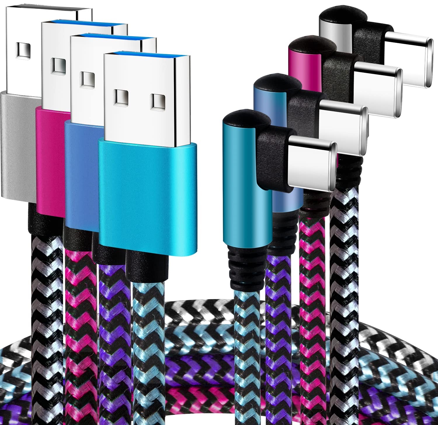 Teeind USB C Angle Cord: [90 Degree/6ft/4Pack] 6 feet, Black,Blue,Purple