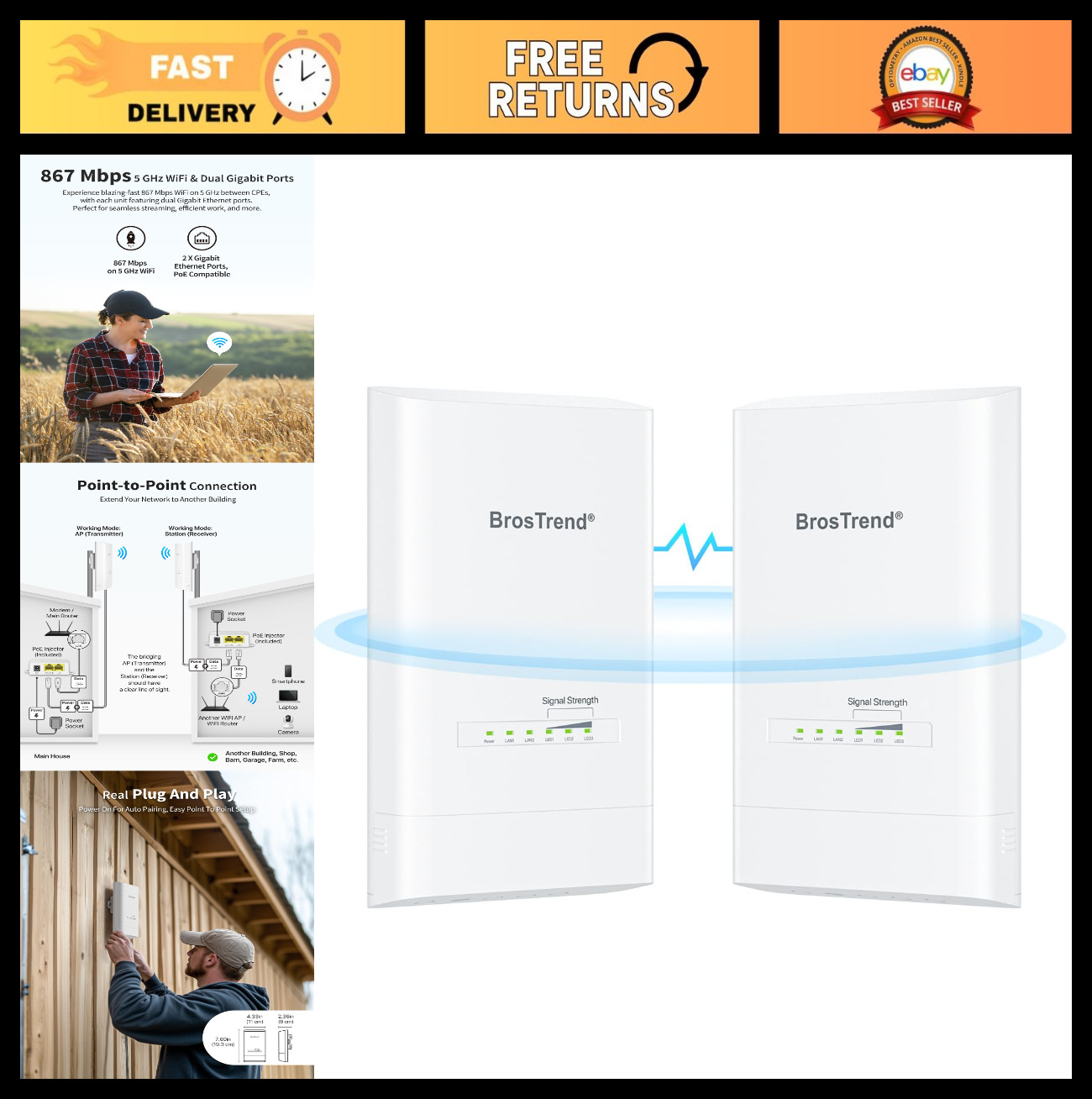 5KM Wireless Bridge Point to Point Outdoor, 2X Gigabit Ethernet Ports, Long Rang