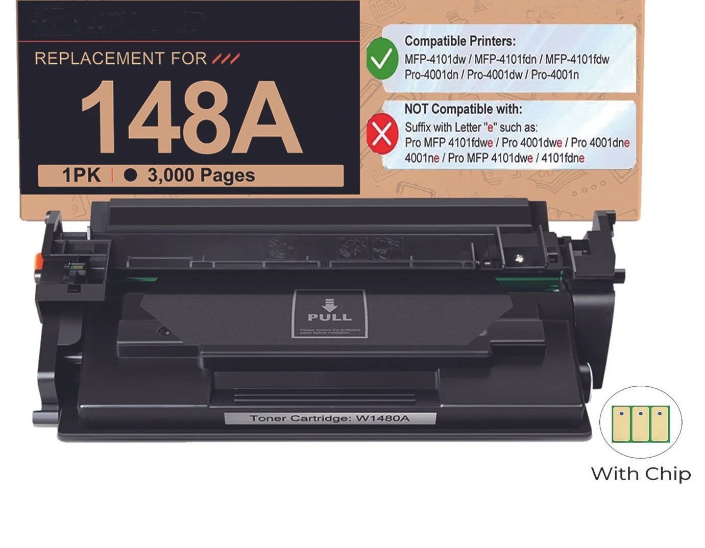 148A High Yield Toner 1 Pack w/ Chip 3000 Pages Compatible HP W1480A 4001 4101