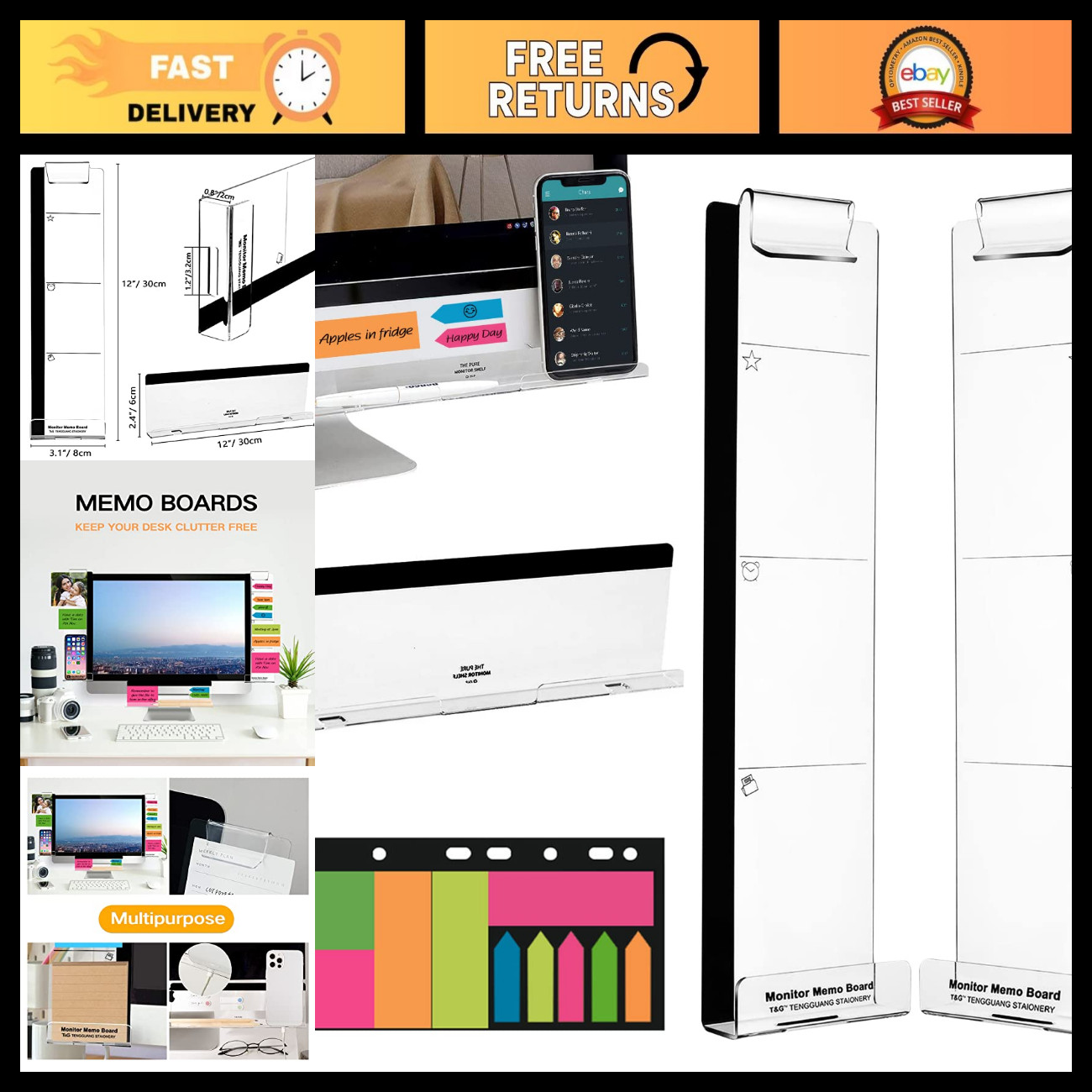 Multifunction Acrylic Monitor Memo Boards Set of 3 - Screen Message Reminder & P
