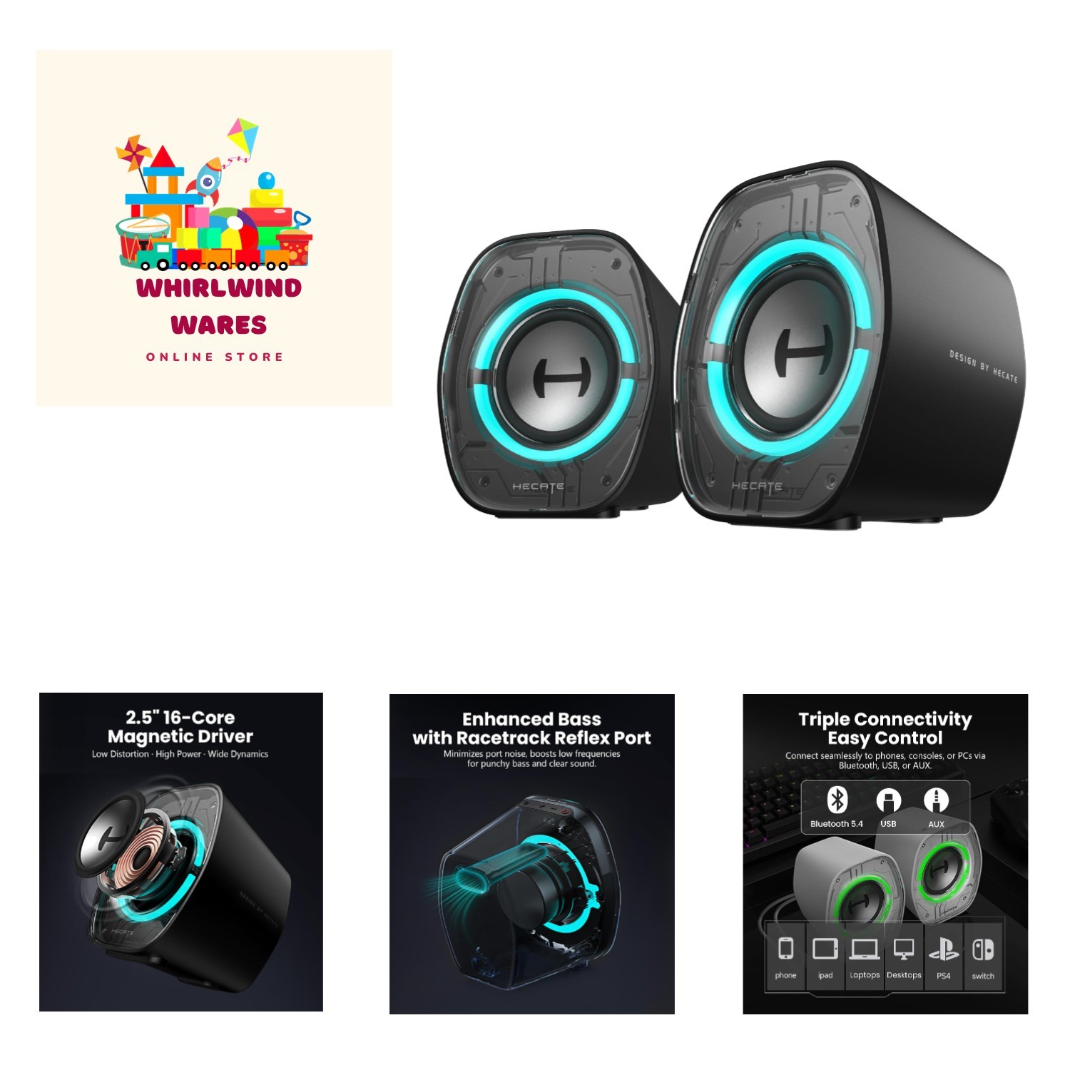 G1000 II Gaming Speakers: 2.5" Full-Range, Enhanced Bass & RGB Lighting - Black