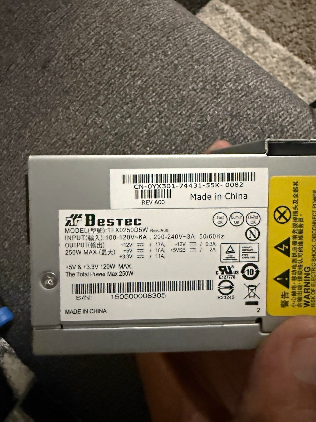 Bestec TFX0250D5W 250W TFX Power Supply SATA 20 Pin 1 Fan Silver Dell