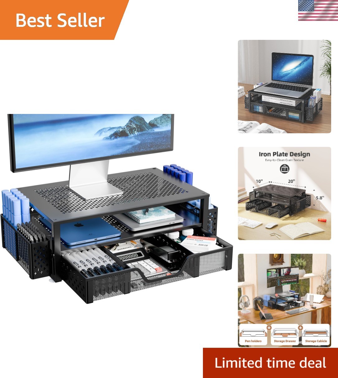 Elegant Black 2-Tier Desktop Organizer with Drawer - Perfect for Home Office