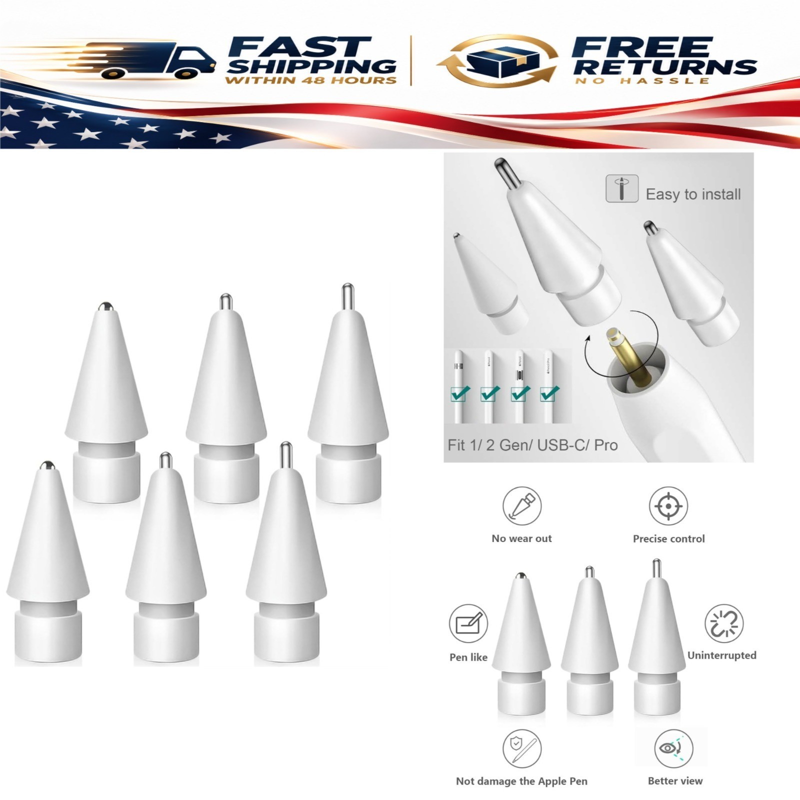 SIXFU Metal Replacement Tips for Apple Pencil 1st 2nd Gen USB-C, 6-Pack