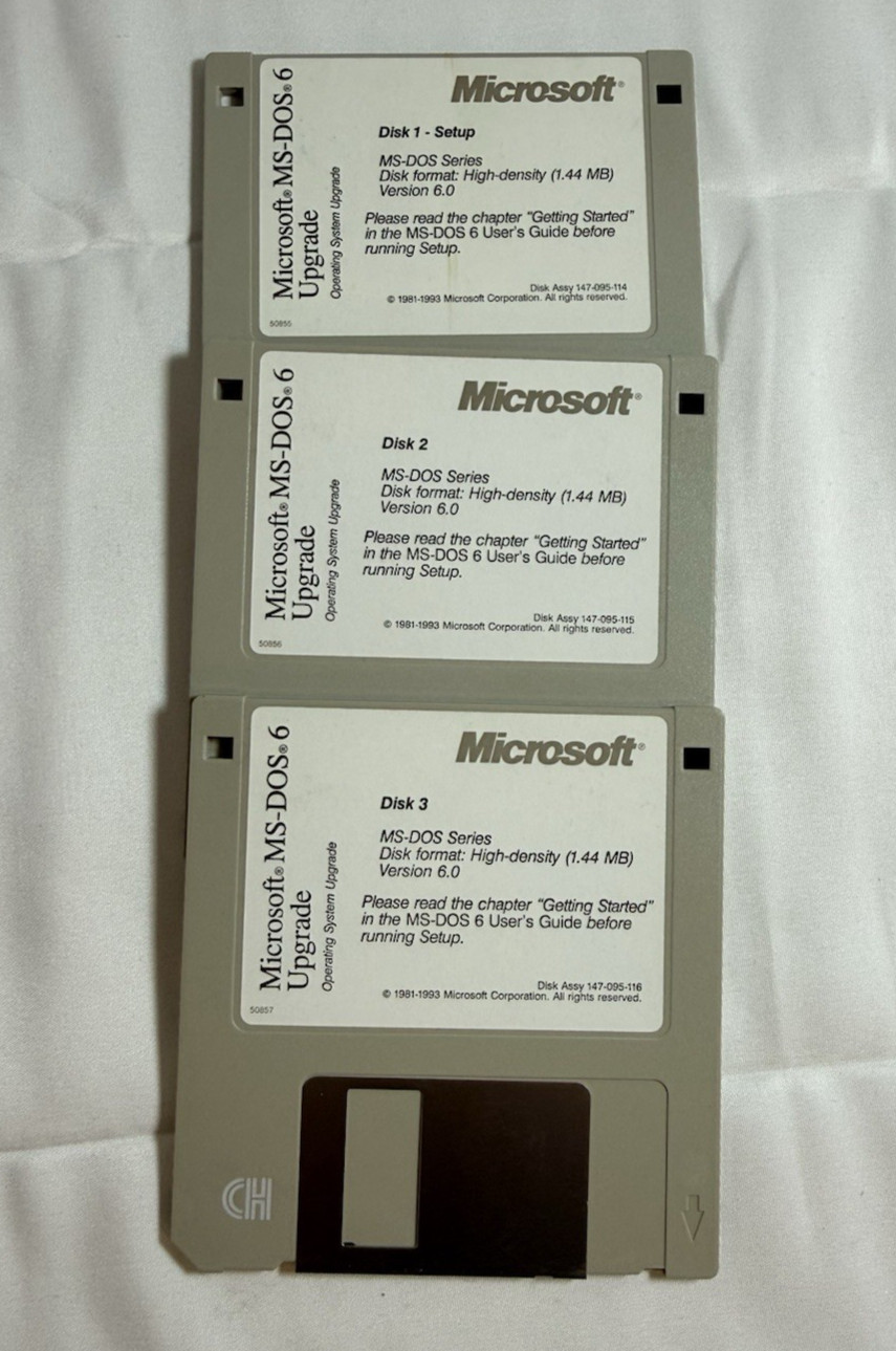 1993 Microsoft MS-DOS 6 OS Upgrade 3.5" Floppy Disks, Set of 3