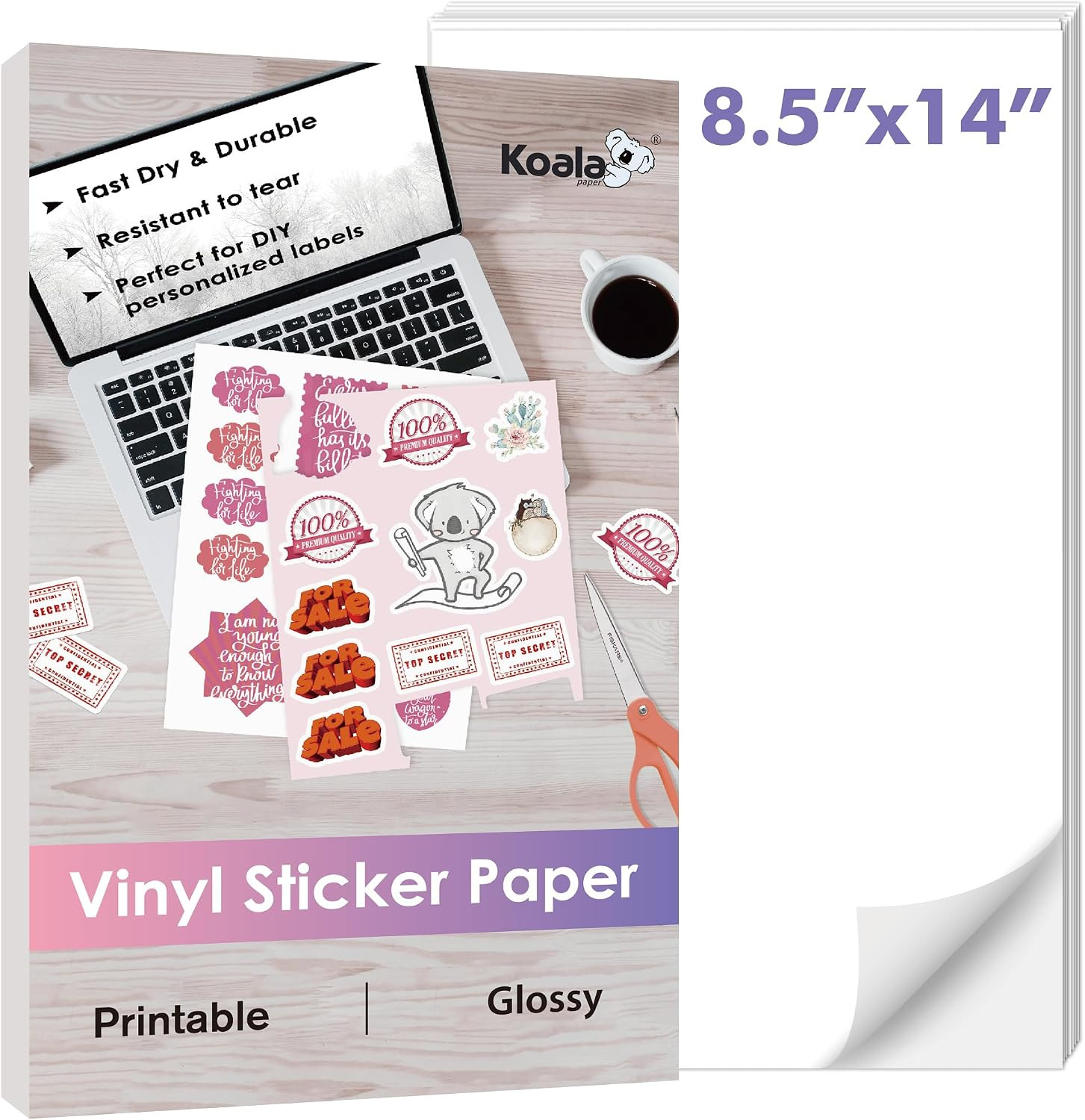 Printable Vinyl Sticker Paper, 8.5X14 Inch, 20 Sheets, Glossy White
