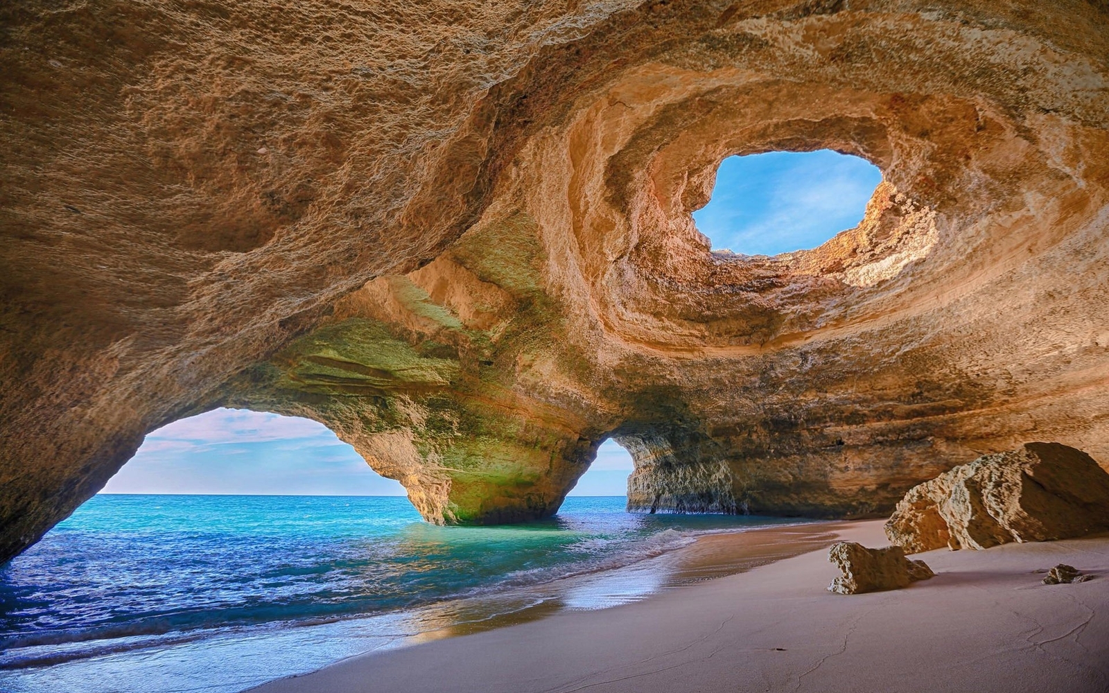 Landscape portugal cave beach rocks sand sea water Custom Gaming Mat Desk