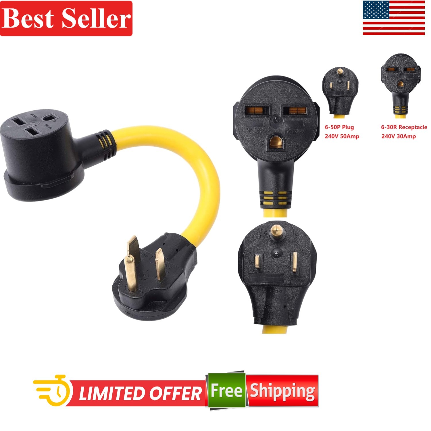 NEMA 6-50P to 6-30R Power Cord Adapter 240V 50A Outdoor Compatible with Gener...