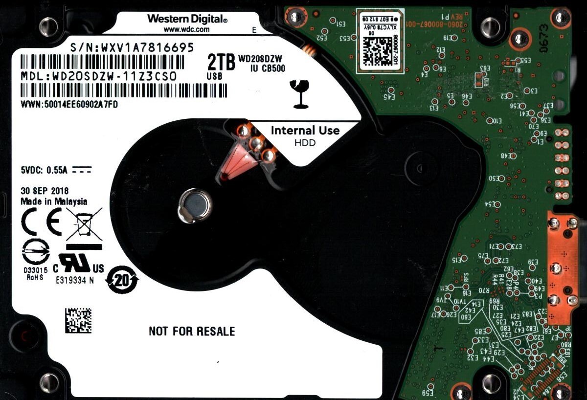 WD20SDZW-11Z3CS0 S/N: WXV1A WESTERN DIGITAL 2TB MALAYSIA SEP 2018