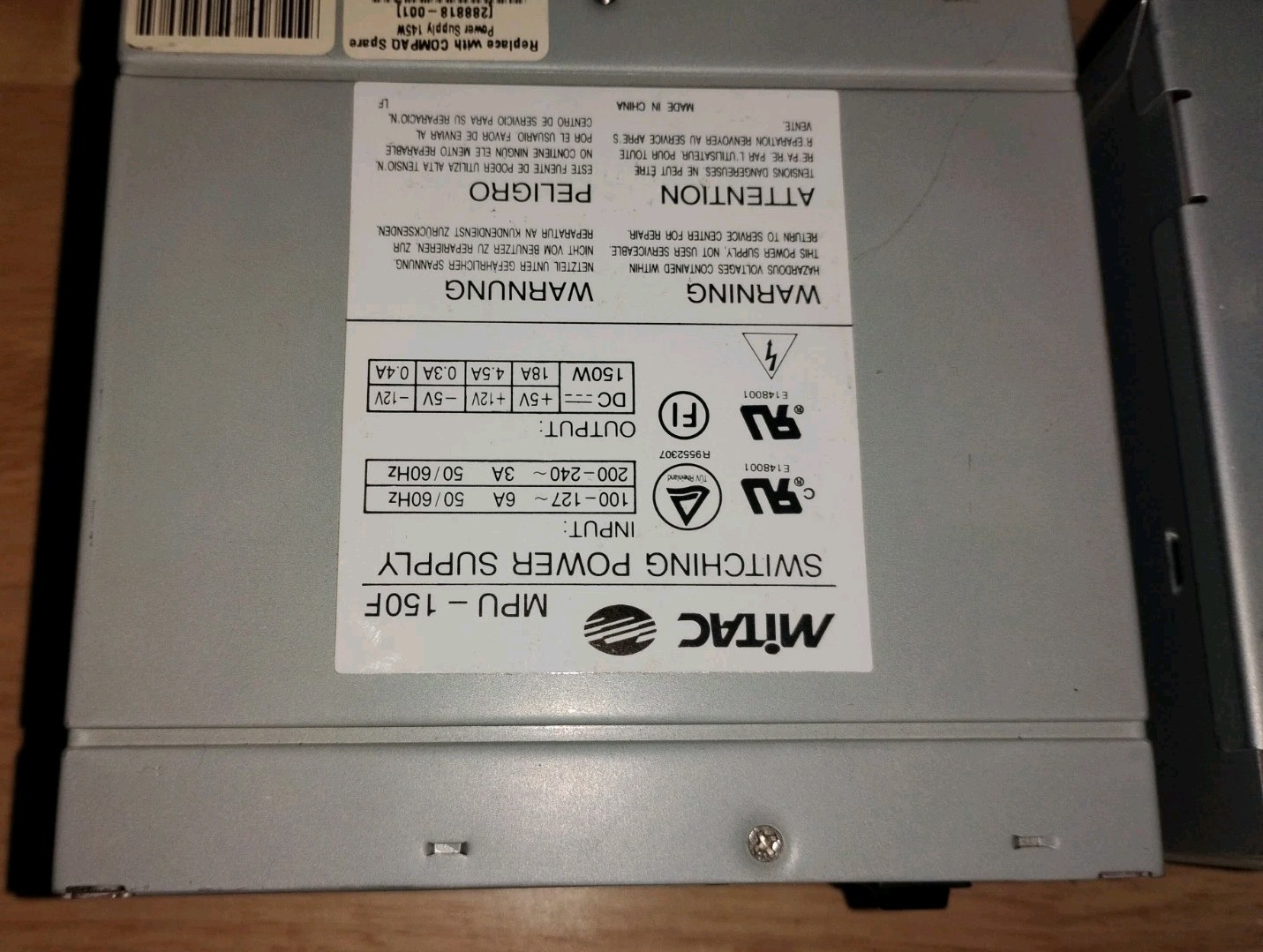 Mitac MPU-150F 150W ATX Switching Power Supply 20-Pin Silver 1 Fan