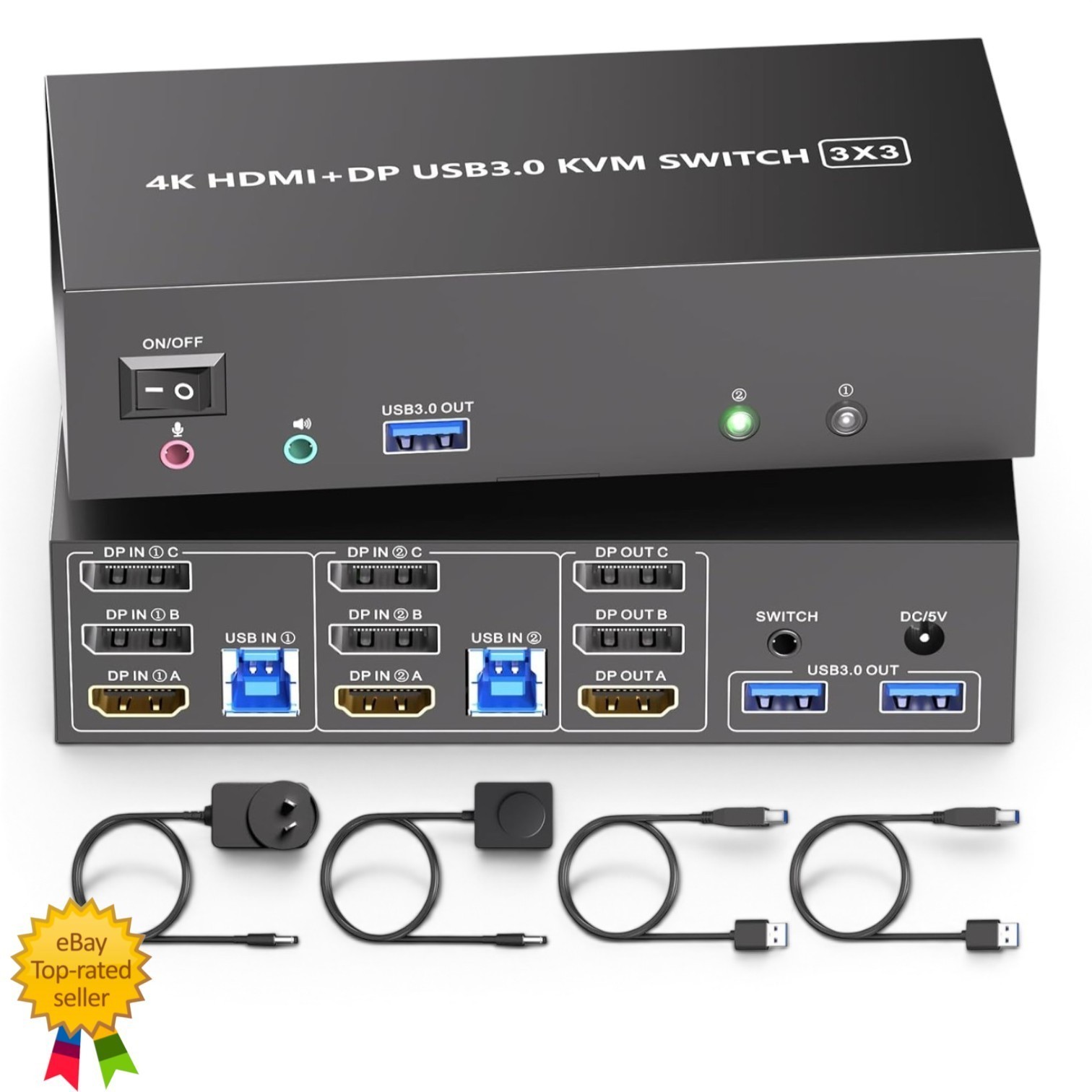 KVM Switch 3 Monitors 2 Computers HDMI DisplayPort 4K@60Hz USB 3.0 Audio - NEW