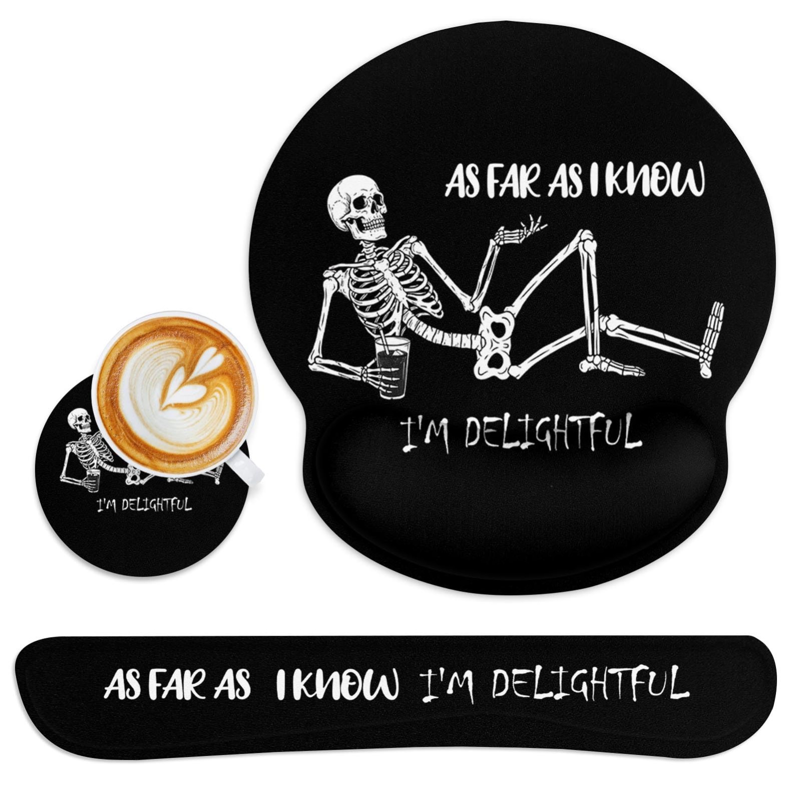 Ergonomic Mouse Pad Set with Wrist Support, Black Skull Design, Comfort & Style