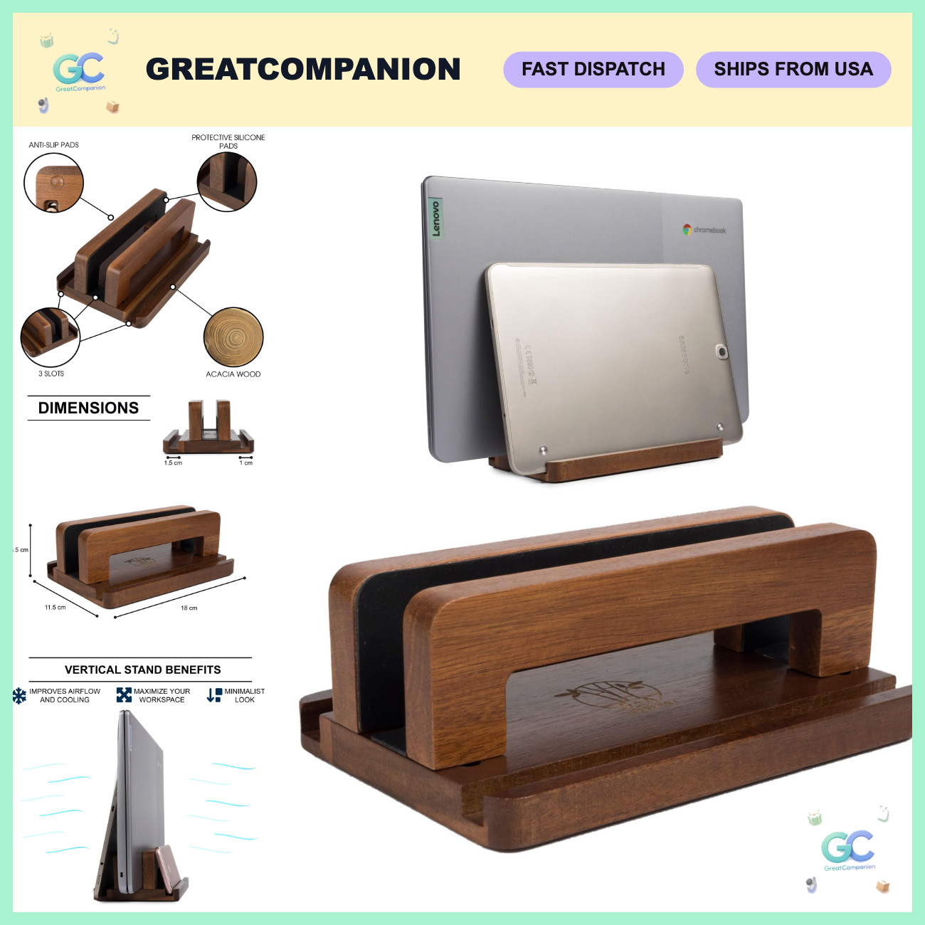 Adjustable Acacia Wood Laptop Stand - 3 Slots Vertical Holder, Non-Slip Dock for