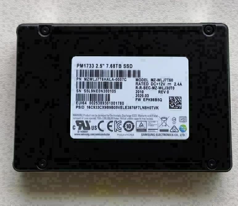 7.68TB Samsung SSD PM1733 U.2 2.5" NVME MZWLJ7T6HALA-0007C MZ-WLJ7T60 PCIE 4.0X4