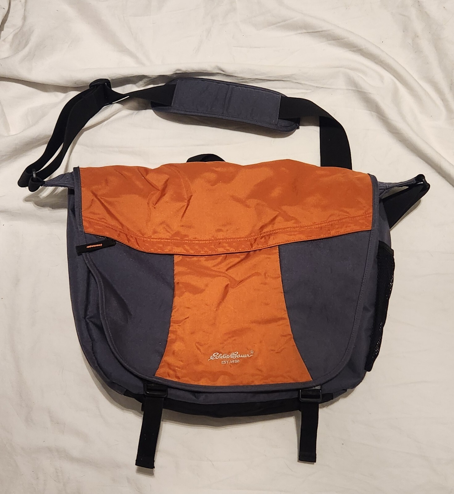 Eddie Bauer Large Gray and Orange Nylon Messenger Laptop Commuter Travel Bag