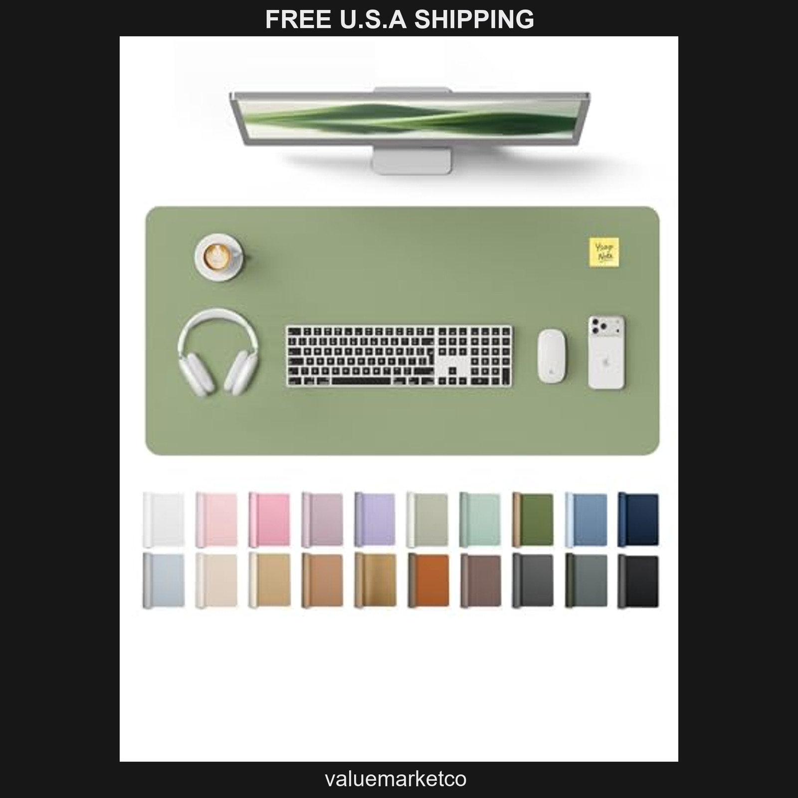 YSAGi PU Leather Desk Mat, 31.5 x 15.8 Inch Waterproof Office Blotter, Green