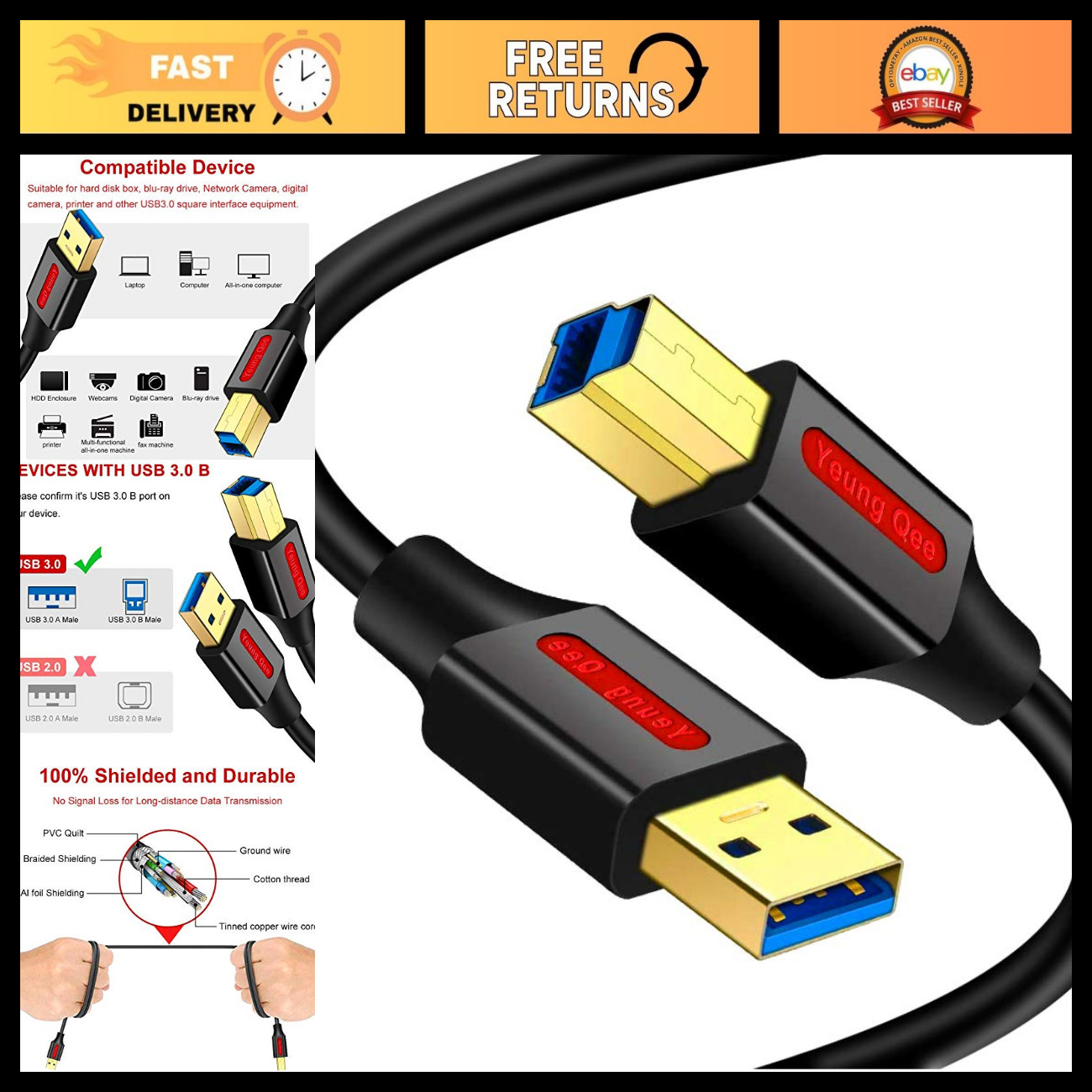 25ft USB 3.0 A to B Male Cable - High-Speed Connection for Printers, Scanners &