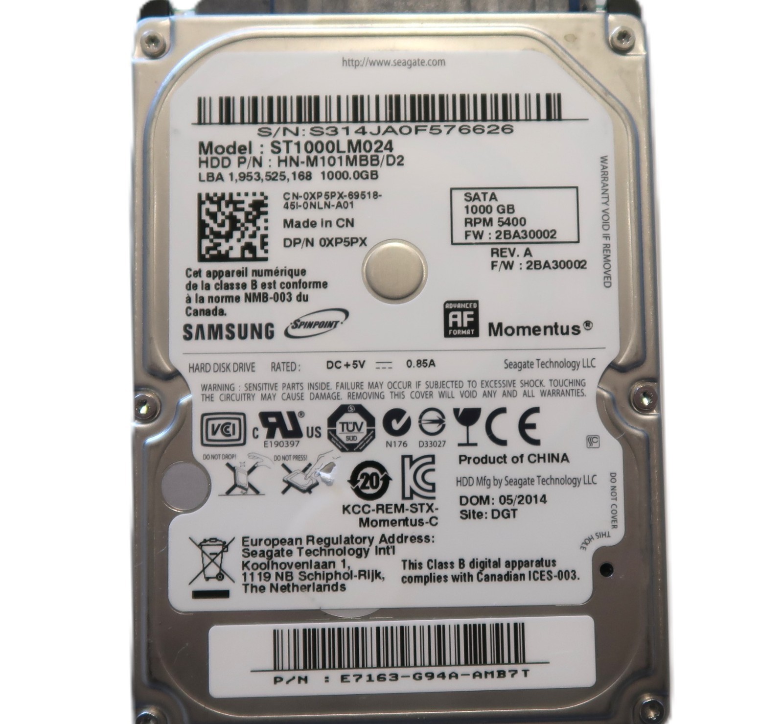 Samsung ST1000LM024 HN-M101MBB/D2 2BA30002 (S31) E7163-G94A 2.5" 1TB MAY/2014