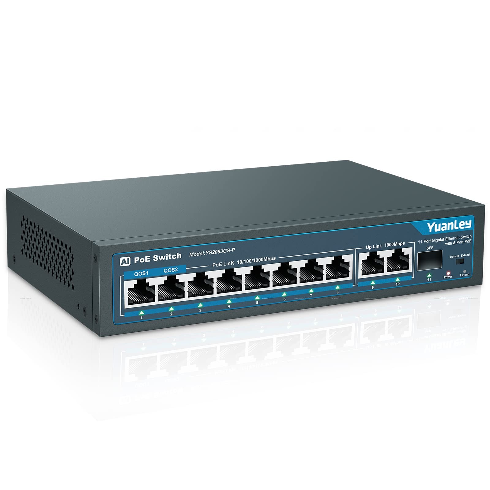 8 Port Gigabit PoE Switch 1000Mbps 120W 802.3af/at with 2 Uplink 1 SFP Metal