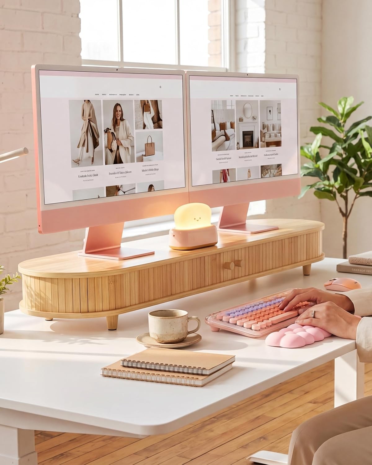 Bamboo Dual Monitor Stand W/ Storage 42 Inch Desk Shelf Riser Curved Double