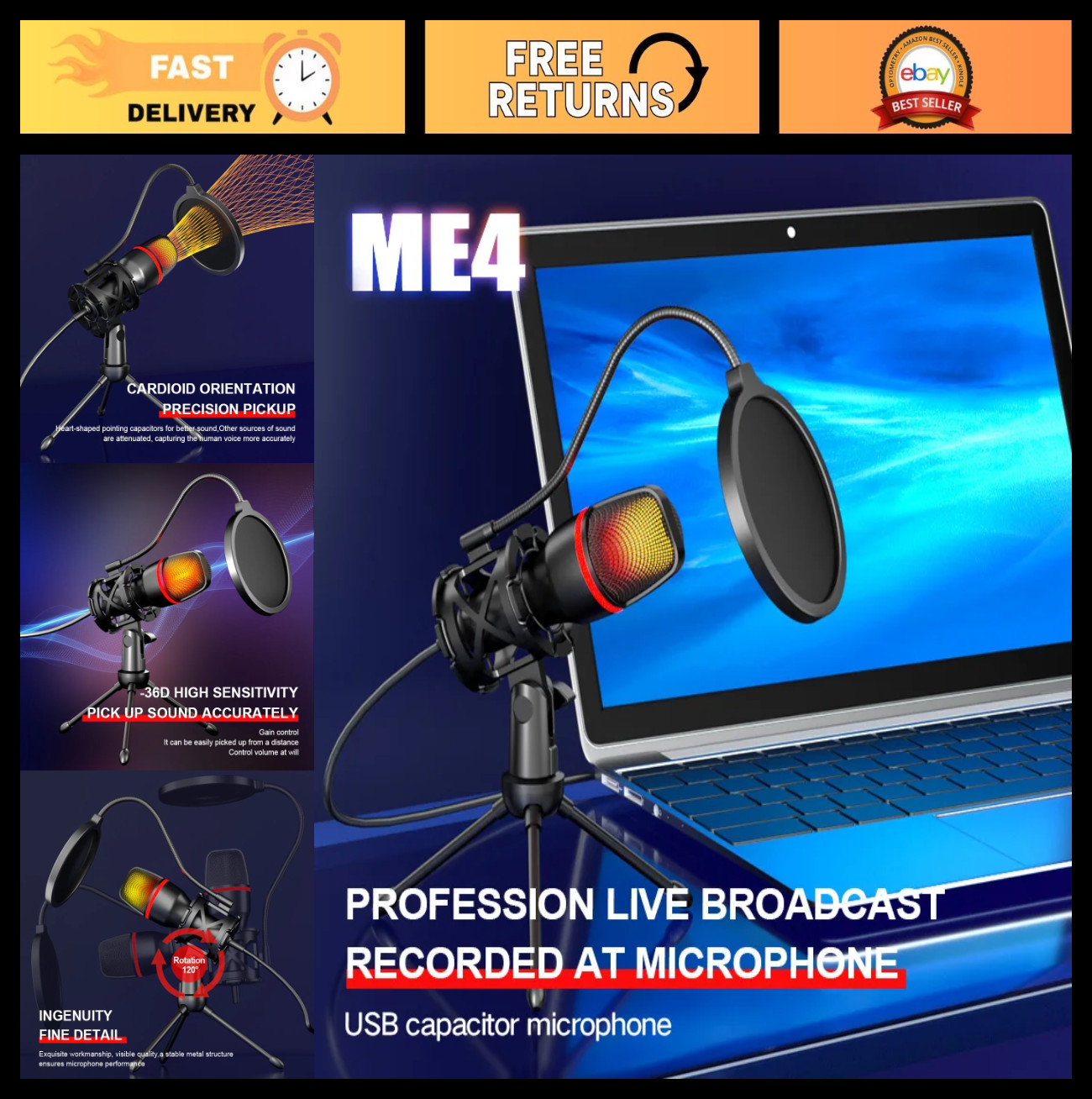 Professional USB Condenser Microphone for PC Laptop - RGB Streaming, Podcast & G