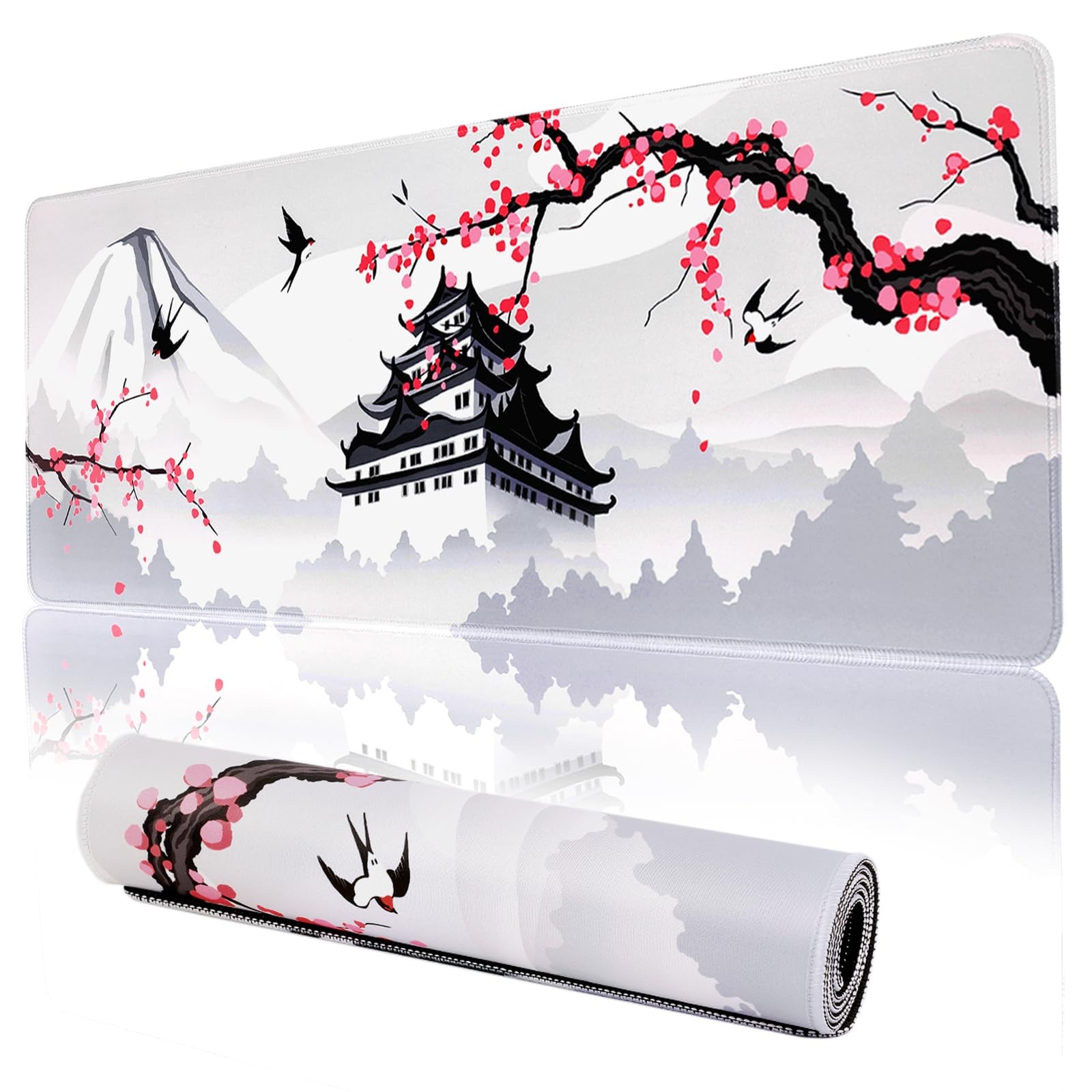 Japanese Cherry Blossom Gaming Mouse Pad 31.5x11.8in Pink Sakura Large Non-Slip