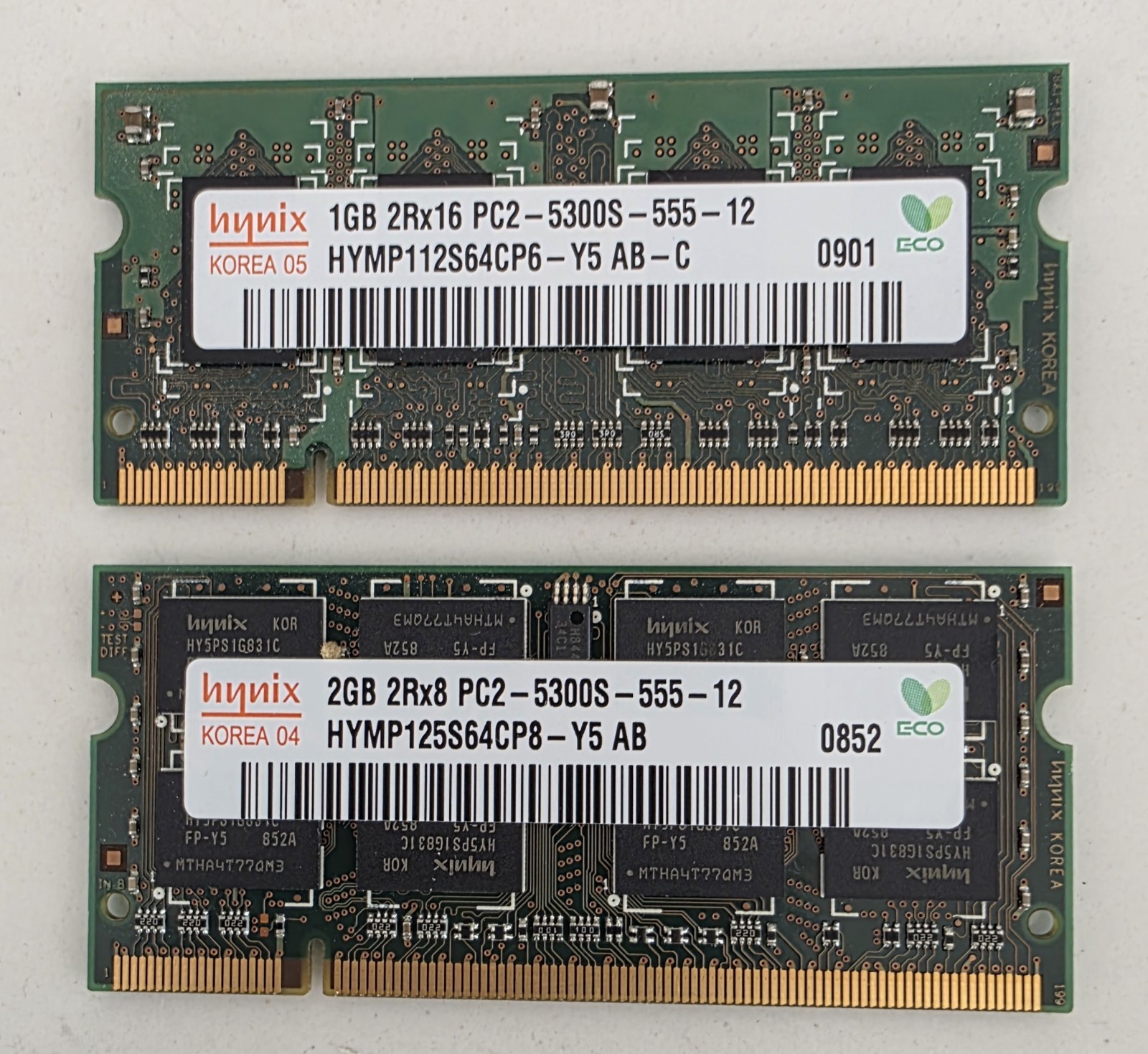 3GB TOTAL Hynix 2GB 2Rx8 PC2-5300S-555-12 and 1GB 2Rx16 PC2-5300S-555-12 RAM LOT